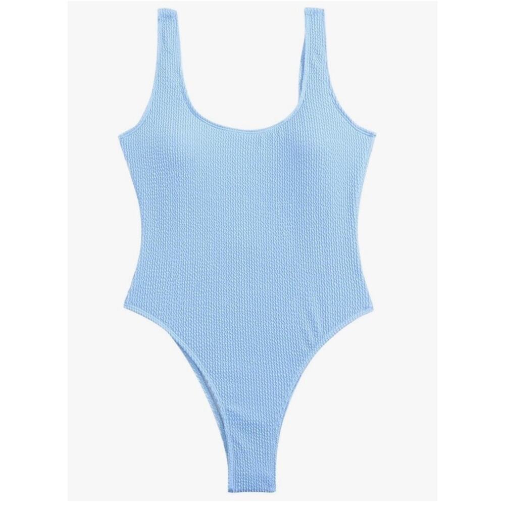 Womens Ribbed‎ Textured Scoop Back Swimsuit One Piece Blue Slimming Suit M
